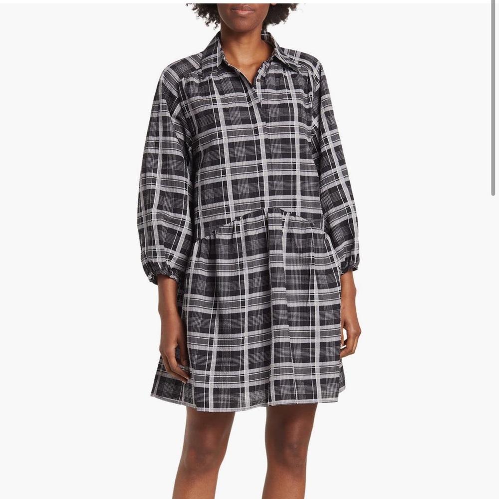 Club Monaco Puff Sleeve Plaid Linen Blend Shirt Dress